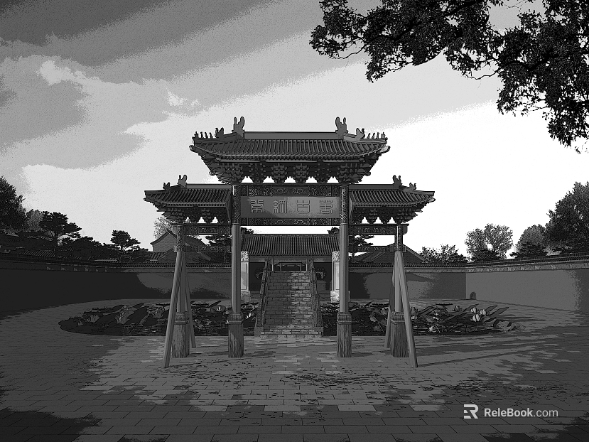 Black and white Chinese ancient archway garden scene texture