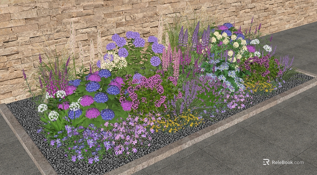 Purple and white mixed color flower border courtyard greening texture