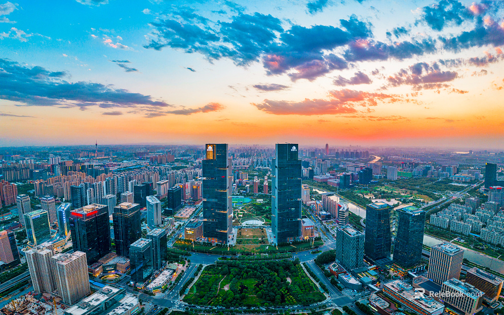 Zhengzhou Landmark City Exterior Night Light Lake Twin Towers texture