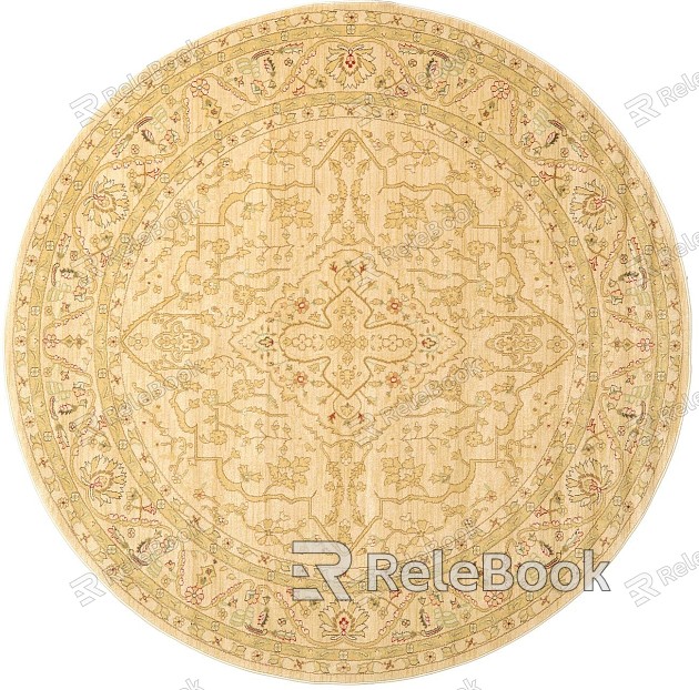 A round carpet featuring an intricate, concentric geometric pattern in earthy tones of brown, beige, and off-white, creating a warm and inviting ambiance.