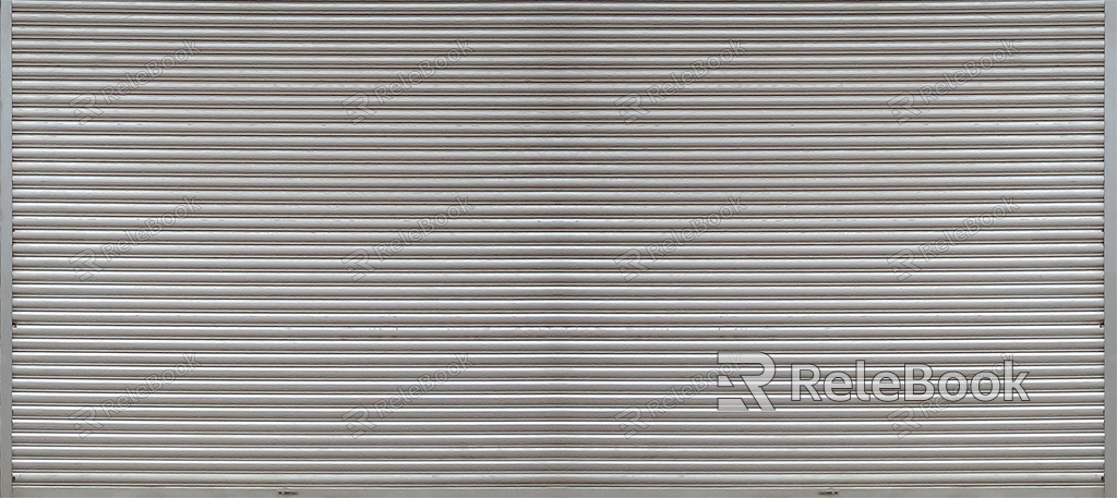 A metallic, rolling shutter door, commonly seen in commercial and industrial settings, with horizontal slats for flexible vertical movement, offering security and space efficiency.