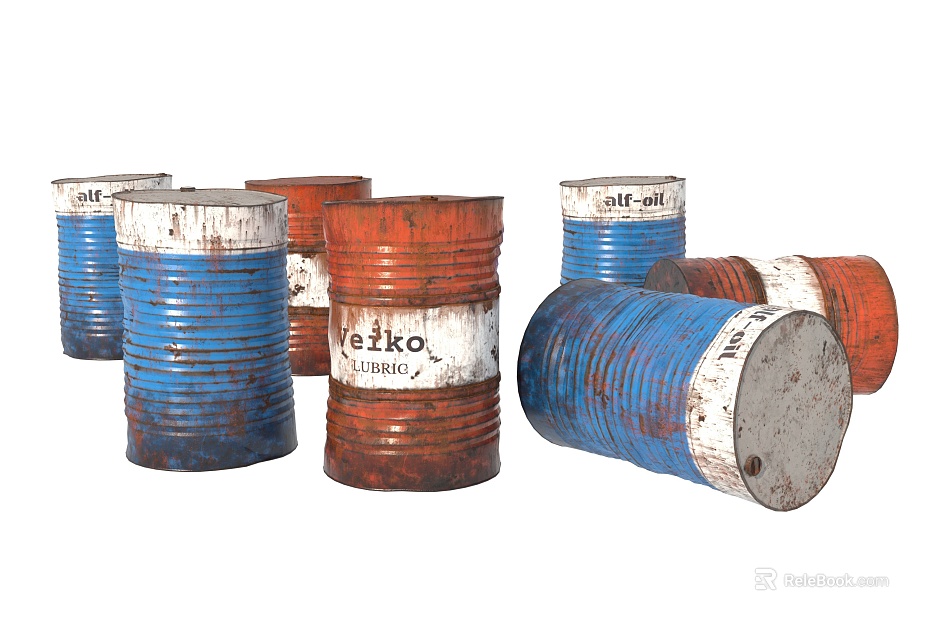 Do the old red and blue metal oil drum industrial storage. texture