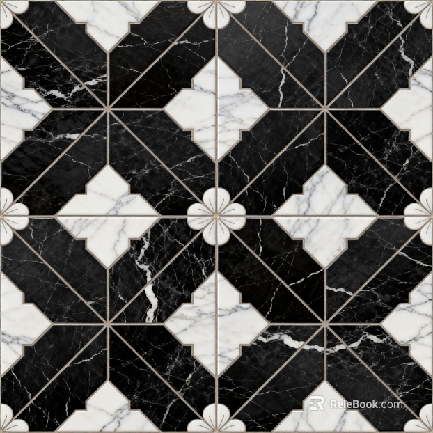 Modern Middle Ancient Style Black and White Stone Parquet Flower Geometric Pattern Water Knife Stone Parquet Floor Tile Light Luxury Black and White Parquet Marble texture