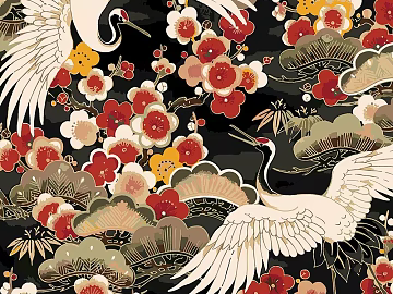 Japanese-style red and black crane pattern texture (ID:ffaeh529296)