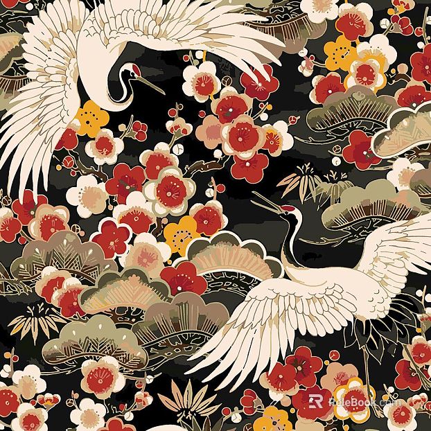 Japanese-style red and black crane pattern texture