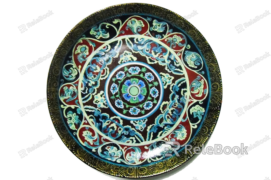 A white ceramic plate with a subtle, crackled glaze texture, adorned with a delicate, blue floral pattern along the rim.