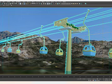 Outdoor scene of blue and yellow mountain cable car 3d model