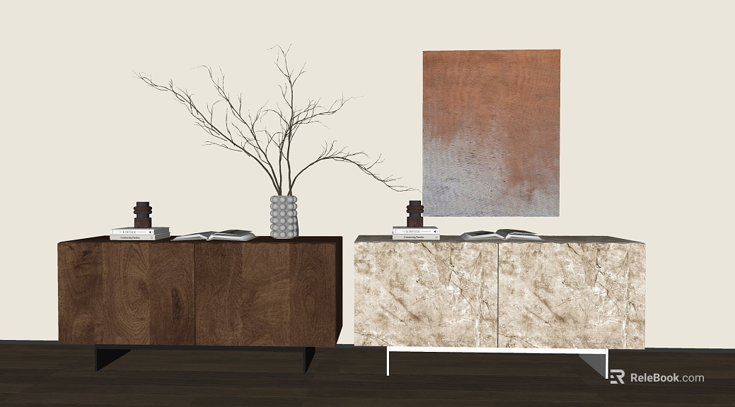 Silent Wind Walnut Beige Marble Side Cabinet texture