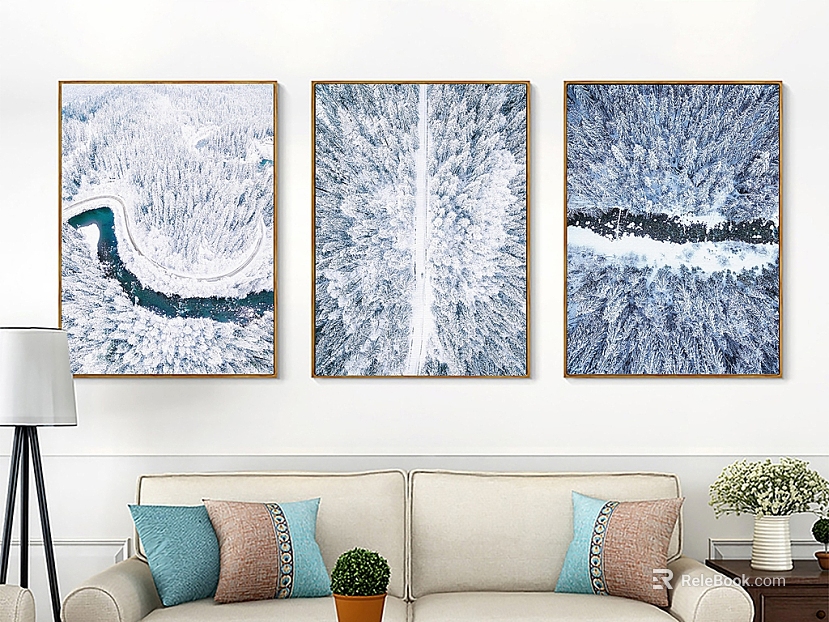 Blue and White Snow Forest Triple Decorative Painting texture