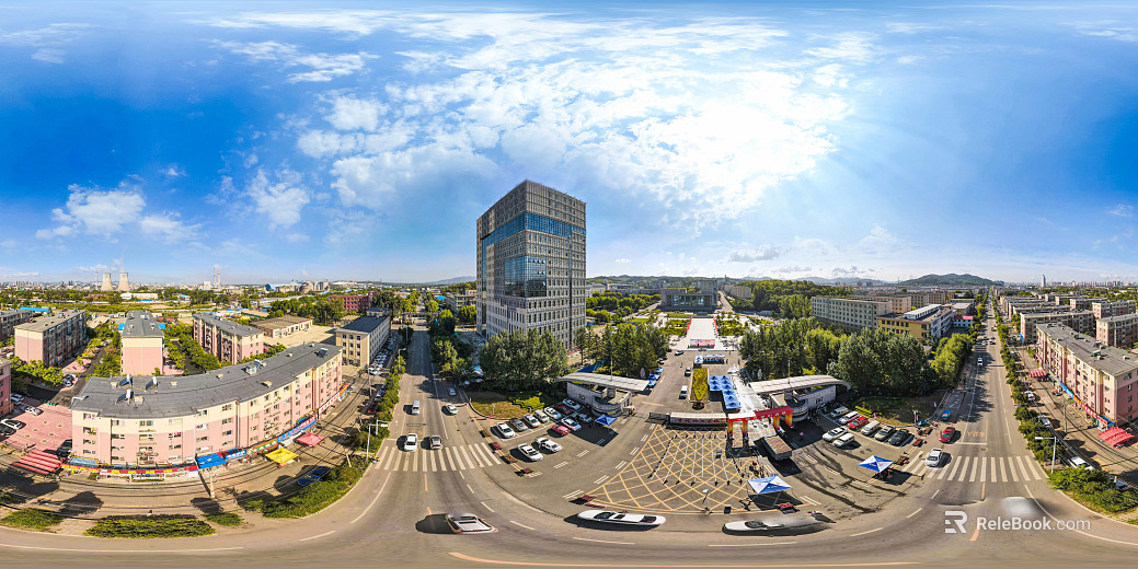 City bird's eye view blue sky white clouds sunny day HDR texture