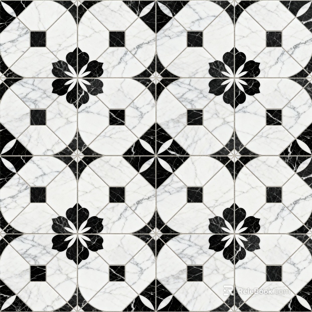Modern Simple Antique Black and White Stone Parquet Flower Geometric Pattern Water Knife Cut Parquet Floor Tile Light Luxury Black and White Parquet Marble texture