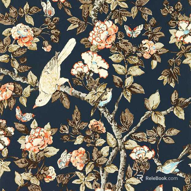 Chinese-style navy blue bird pattern wallpaper texture