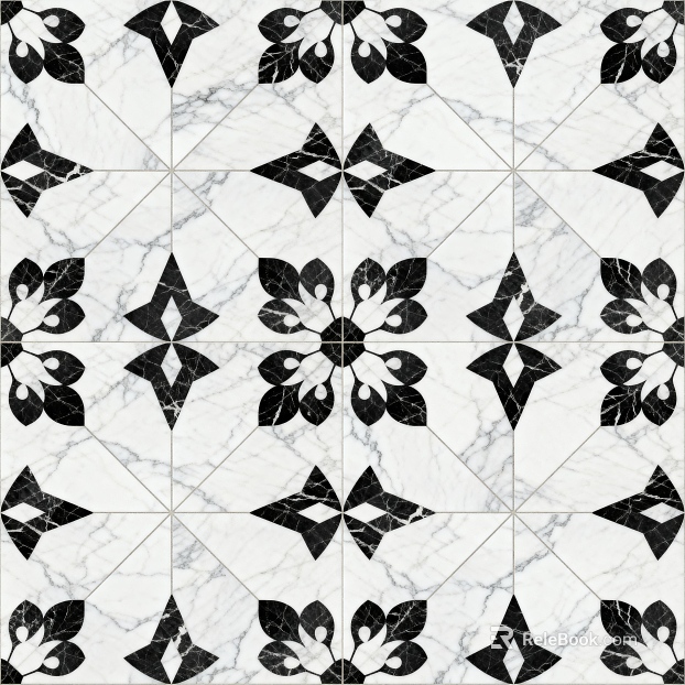 Modern Middle Ancient Style Black and White Stone Parquet Flower Geometric Pattern Water Knife Stone Parquet Floor Tile Light Luxury Black and White Parquet Marble texture