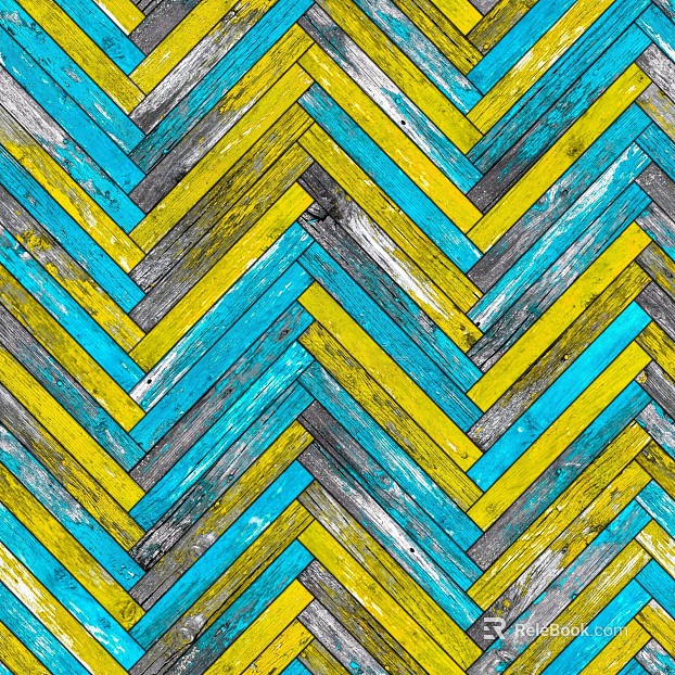 Yellow and blue contrast color broken old wood herringman background wall texture