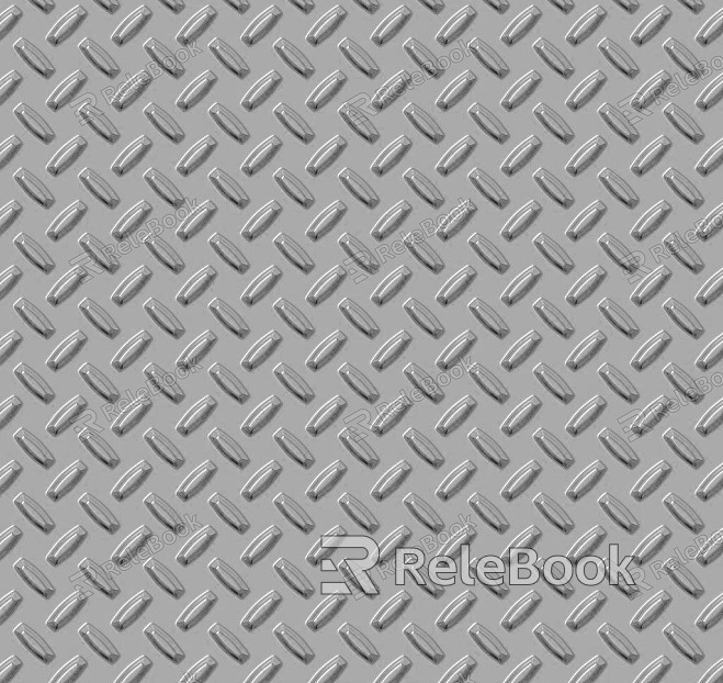 Section of diamond plate, also known as checker plate or tread plate. It features a raised, diamond-shaped pattern on a metallic surface, typically used for slip-resistant flooring and industrial applications.