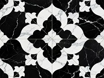 Modern Middle Ancient Style Black and White Stone Parquet Flower Geometric Pattern Water Knife Stone Parquet Floor Tile Light Luxury Black and White Parquet Marble texture (ID:ffaeh498727)
