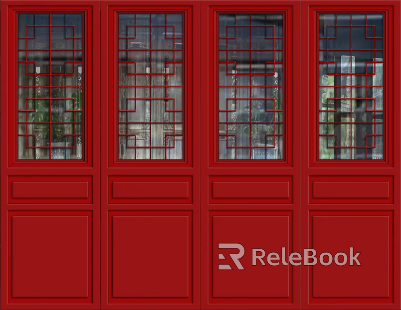 Vintage window red wood grain hollow door texture