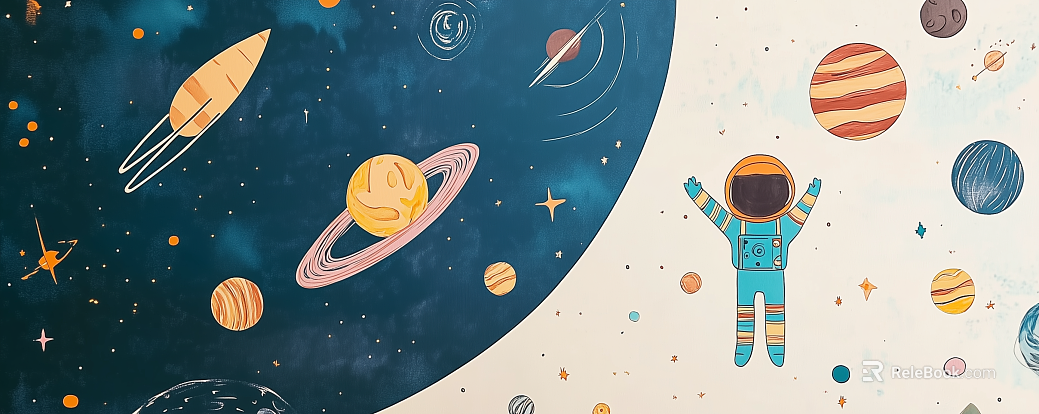 Modern child astronaut starry sky moon mural bedside background texture
