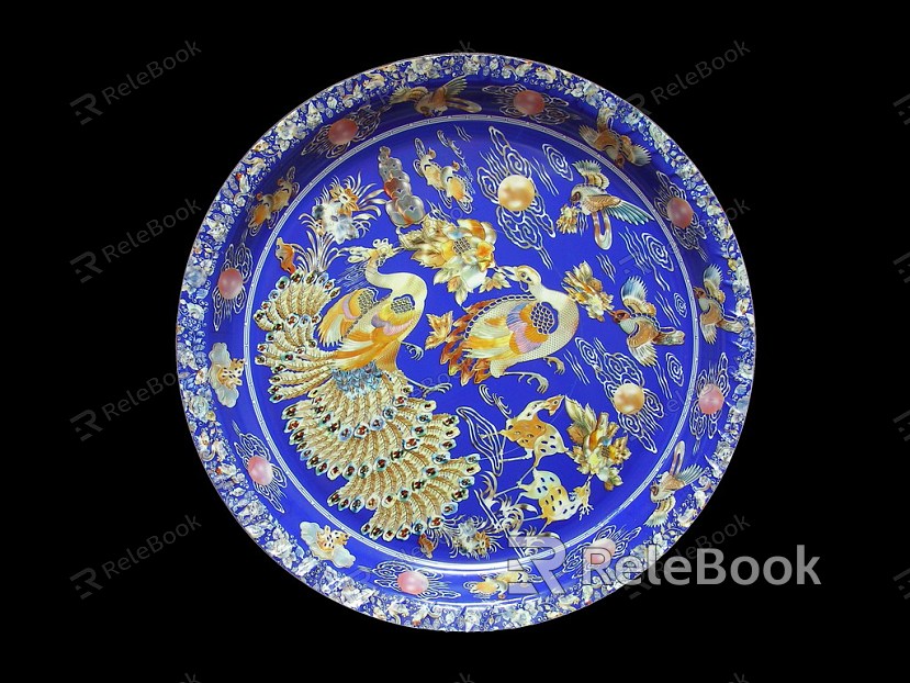 A round, white ceramic plate with a delicate, floral pattern in shades of blue, adorned with gold accents, exuding an air of elegance and vintage charm.