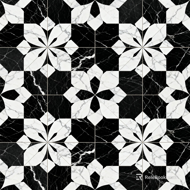 Modern Middle Ancient Style Black and White Stone Parquet Flower Geometric Pattern Water Knife Stone Parquet Floor Tile Light Luxury Black and White Parquet Marble texture
