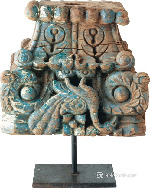 Vintage blue lacquer wood carved building components texture