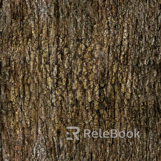 A close-up of a weathered, brown tree bark with deep, vertical cracks and moss growth, set against a blurred green foliage background.