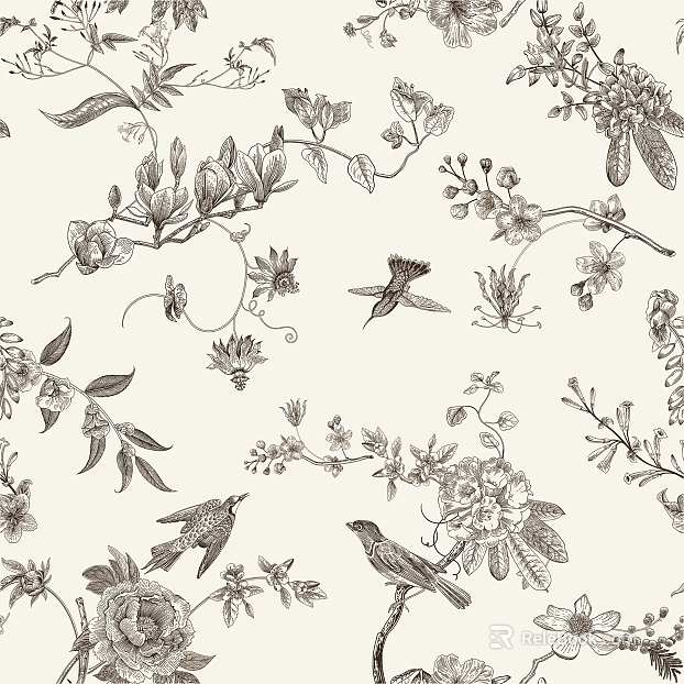 Rice white background flower and bird pattern wallpaper texture