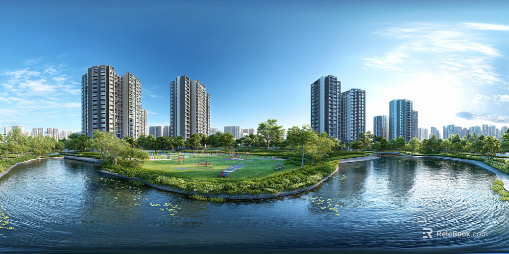 Modern Daytime Community Greening Water System Panoramic HDR texture