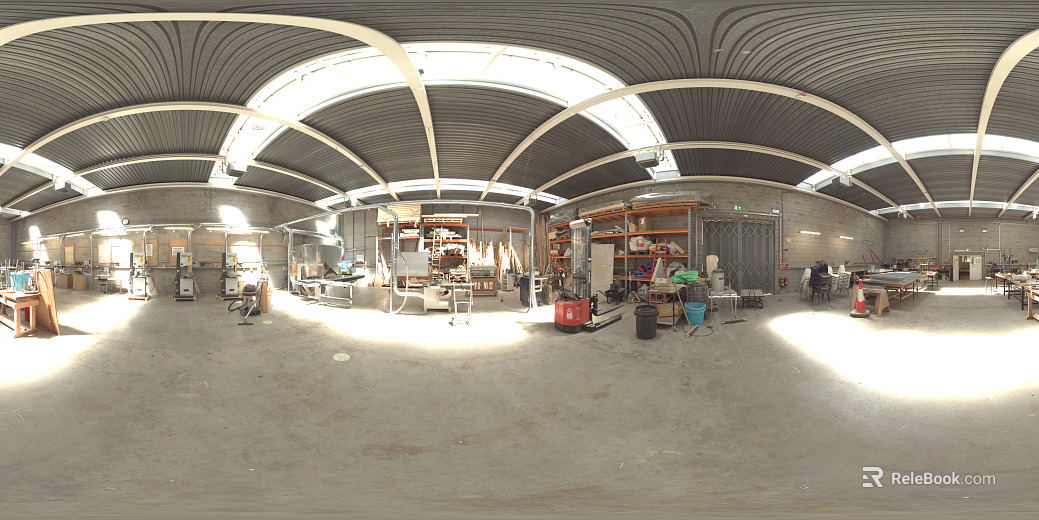 Panoramic view of indoor workshop texture