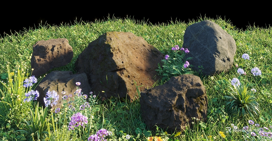 Deep brown rock flowers and plants outdoor landscaping texture