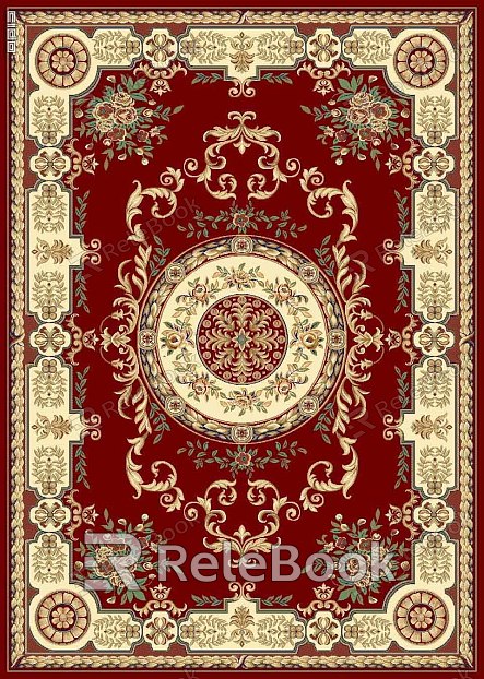 A vibrant, patterned carpet featuring hues of red, blue, and green in an intricate, traditional design, woven with fine detail and a soft, plush texture.