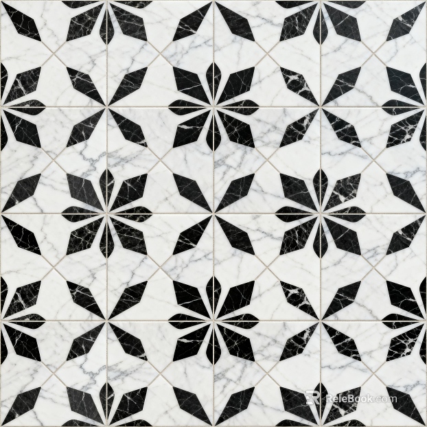Modern Middle Ancient Style Black and White Stone Parquet Flower Geometric Pattern Water Knife Stone Parquet Floor Tile Light Luxury Black and White Parquet Marble texture