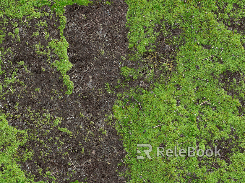 A lone, weathered wooden boat rests on a sandy shore, framed by lush green moss and vegetation, under a cloudy gray sky.