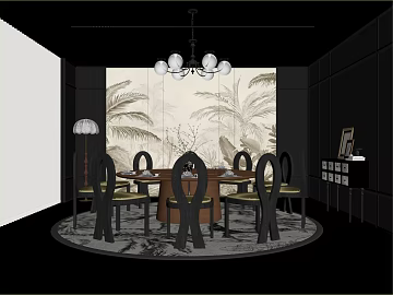 Light luxury style beige plant mural restaurant background 3d model