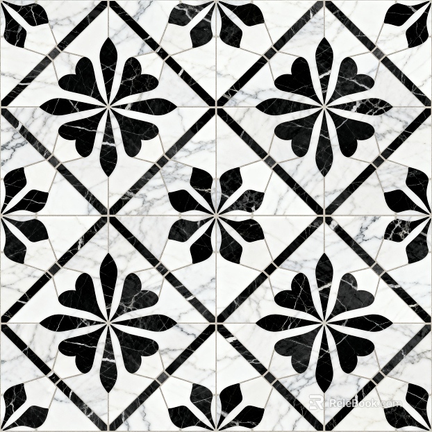 Modern Middle Ancient Style Black and White Stone Parquet Flower Geometric Pattern Water Knife Stone Parquet Floor Tile Light Luxury Black and White Parquet Marble texture