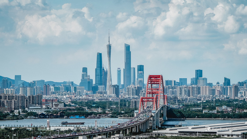 Blue Sky and White Clouds City High-rise Overpass River texture