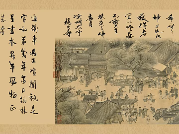 Song-style ancient‑flavored calligraphy and painting decorative hanging scroll, landscape painting texture (ID:ffaeh443204)