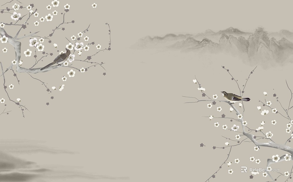 New Chinese style gray-yellow flower and bird mural texture