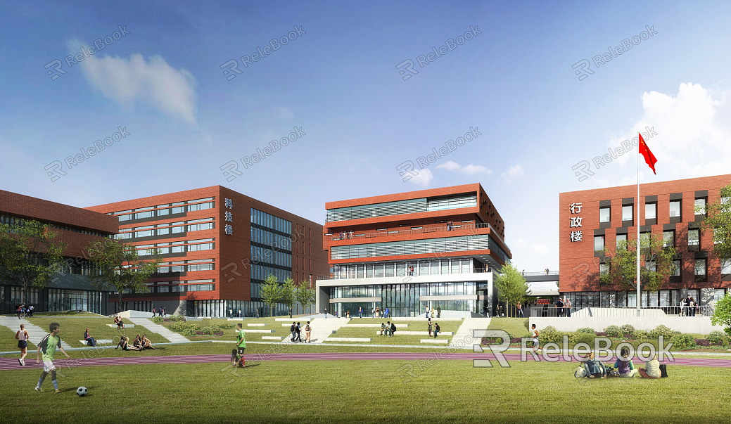 The image depicts a vibrant, multi-story school building with numerous windows, a clock tower, and a red tile roof, set amidst lush greenery, evoking a lively educational atmosphere.