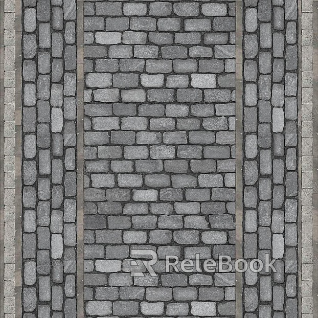 Close-up of Stone Paving, revealing a textured surface with irregular, interlocking stone pieces in various shades of grey and beige, creating an organic, rustic pathway material.