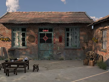 Vintage red brick farmyard scene texture (ID:ffaeh793524)