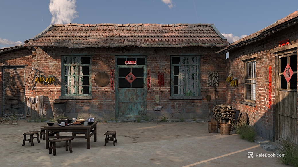 Vintage red brick farmyard scene texture