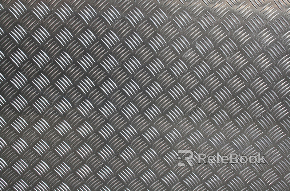 The image depicts a diamond plate, characterized by its distinctive raised diamond pattern on a flat surface, typically used for slip-resistant flooring or decorative purposes. It showcases a metallic silver finish with a clear, detailed texture.