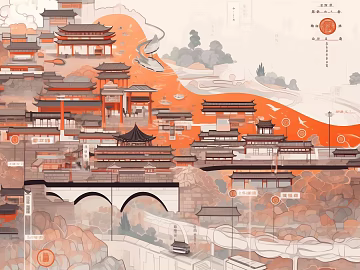 New Chinese Orange Red Ancient Architecture Illustration 3d model