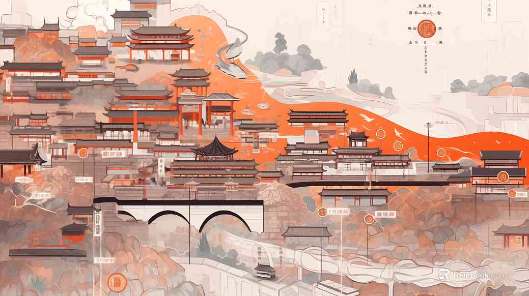 New Chinese Orange Red Ancient Architecture Illustration texture