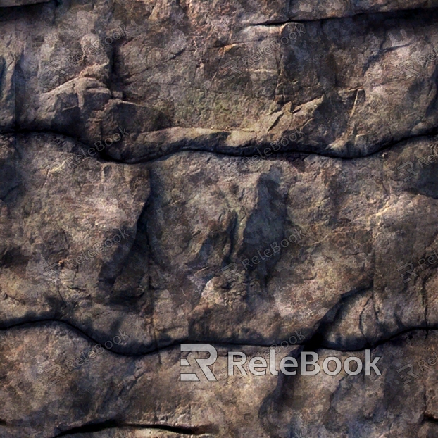 A close-up of a rugged, gray rock surface with deep crevices and uneven texture, illuminated by soft, diffused light that highlights its natural patterns and grainy details.