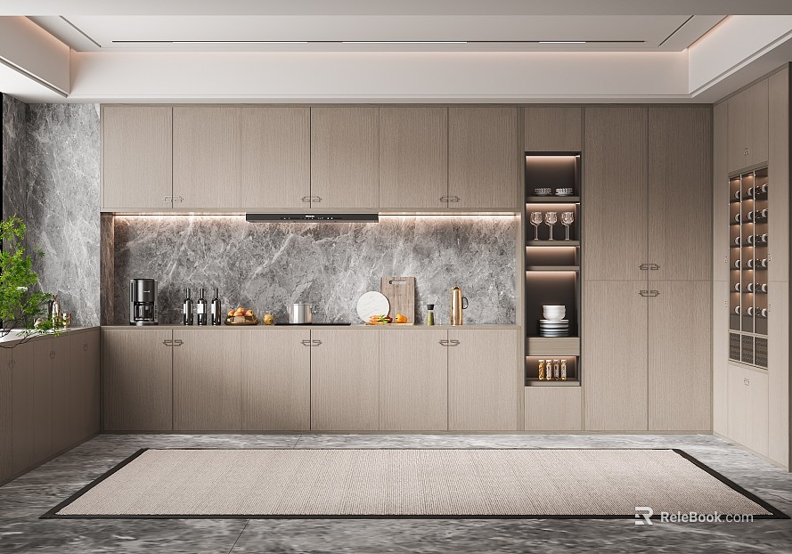 Modern light gray wood grain cabinet gray marble kitchen texture