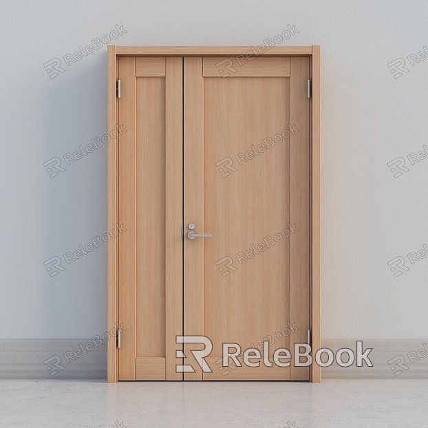 A rustic wooden door with a natural, textured surface, featuring a simple metal handle and hinge, set against a shadowy background. The wood grain is prominent, showcasing the door's organic character.