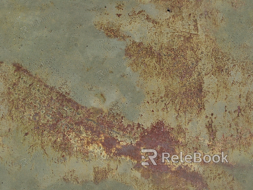 A heavily rusted metal surface, showcasing a palette of orange, brown, and red hues with patches of green corrosion, revealing a texture of decay and age.