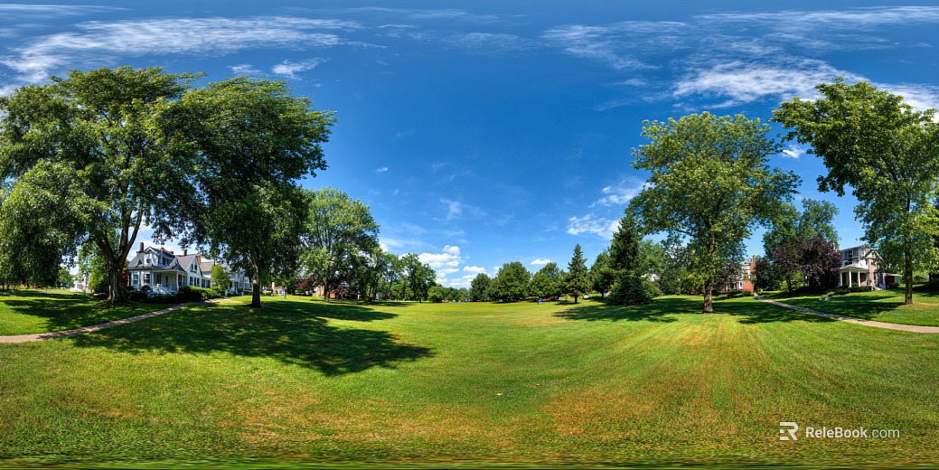 Blue Sky White Clouds Lawn Woods Landscape Panoramic HDR texture